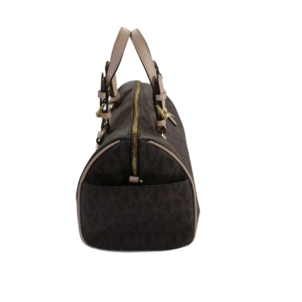 Michael Kors Womens Leather Monogram Grayson Satchel Handbag Brown